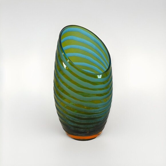 Cyan Design Other - $55 Vintage Cyan Design Angle Cut Etched  Art Deco Glass Tall Vase Green Blue